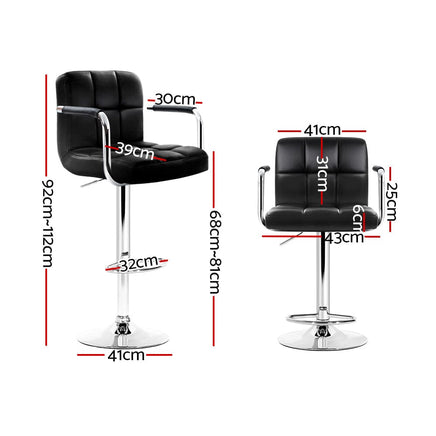 4x Bar Stools Leather Gas Lift w/Armrest Black Furniture Kings Warehouse 