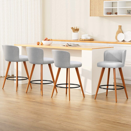 4x Bar Stools Linen Padded Wooden Grey Furniture Kings Warehouse 