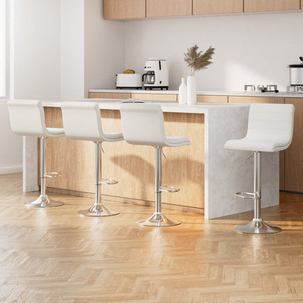 4x Bar Stools Padded Leather Gas Lift White Furniture Kings Warehouse 