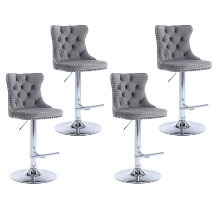 4x Height Adjustable Swivel Bar Stool Velvet Stud Barstool with Footrest and Chromed Base- Gray Furniture Kings Warehouse 