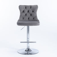 4x Height Adjustable Swivel Bar Stool Velvet Stud Barstool with Footrest and Chromed Base- Gray Furniture Kings Warehouse 