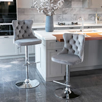 4x Height Adjustable Swivel Bar Stool Velvet Stud Barstool with Footrest and Chromed Base- Gray Furniture Kings Warehouse 