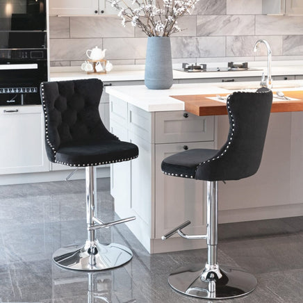 4x Height Adjustable Swivel Bar Stool Velvet Studs Barstool with Footrest and Chromed Base- Black Furniture Kings Warehouse 
