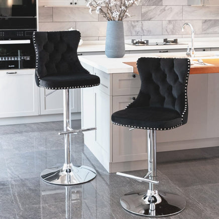4x Height Adjustable Swivel Bar Stool Velvet Studs Barstool with Footrest and Chromed Base- Black Furniture Kings Warehouse 