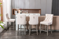 4X Velvet Bar Stools with Studs Trim Wooden Legs Tufted Dining Chairs Kitchen Furniture Kings Warehouse 