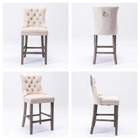 4X Velvet Bar Stools with Studs Trim Wooden Legs Tufted Dining Chairs Kitchen Furniture Kings Warehouse 