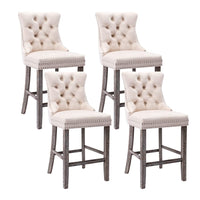 4X Velvet Bar Stools with Studs Trim Wooden Legs Tufted Dining Chairs Kitchen Furniture Kings Warehouse 