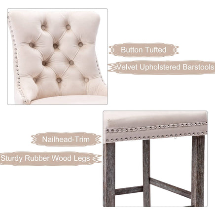 4X Velvet Bar Stools with Studs Trim Wooden Legs Tufted Dining Chairs Kitchen Furniture Kings Warehouse 