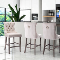 4X Velvet Bar Stools with Studs Trim Wooden Legs Tufted Dining Chairs Kitchen Furniture Kings Warehouse 