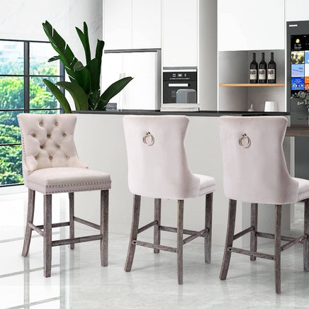 4X Velvet Bar Stools with Studs Trim Wooden Legs Tufted Dining Chairs Kitchen Furniture Kings Warehouse 