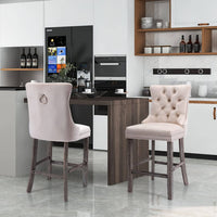 4X Velvet Bar Stools with Studs Trim Wooden Legs Tufted Dining Chairs Kitchen Furniture Kings Warehouse 