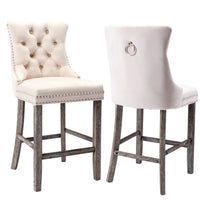 4X Velvet Bar Stools with Studs Trim Wooden Legs Tufted Dining Chairs Kitchen Furniture Kings Warehouse 