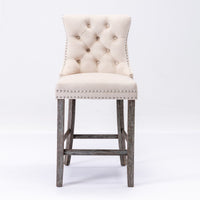 4X Velvet Bar Stools with Studs Trim Wooden Legs Tufted Dining Chairs Kitchen Furniture Kings Warehouse 