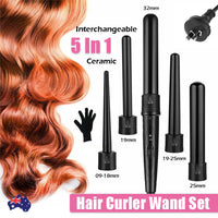 5 in 1 Hair Curler Wand Set Ceramic Styling Curling Iron Roller Barrel LED+Glove Kings Warehouse 
