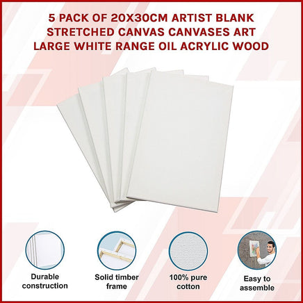 5 pack of 20x30cm Artist Blank Stretched Canvas Canvases Art Large White Range Oil Acrylic Wood Baby & Kids Kings Warehouse 