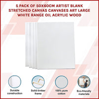 5 pack of 50x60cm Artist Blank Stretched Canvas Canvases Art Large White Range Oil Acrylic Wood Baby & Kids Kings Warehouse 