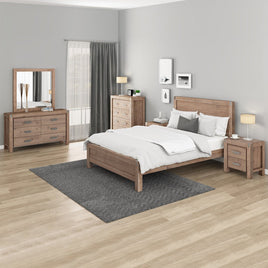 5 Pieces Bedroom Suite in Solid Wood Veneered Acacia Construction Timber Slat Double Size Oak Colour Bed, Bedside Table, Tallboy & Dresser Furniture Kings Warehouse