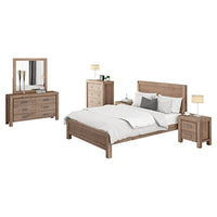 5 Pieces Bedroom Suite in Solid Wood Veneered Acacia Construction Timber Slat Queen Size Oak Colour Bed, Bedside Table , Tallboy & Dresser Furniture Kings Warehouse 