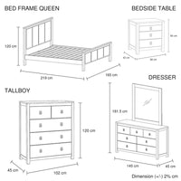 5 Pieces Bedroom Suite with Solid Acacia Wood Veneered Construction in Queen Size White Ash Colour Bed, Bedside Table , Tallboy & Dresser Furniture Kings Warehouse 