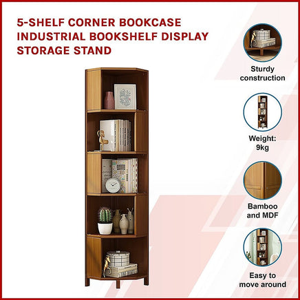 5-Shelf Corner Bookcase Industrial Bookshelf Display Storage Stand Furniture Kings Warehouse 