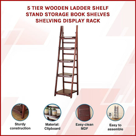 5 Tier Wooden Ladder Shelf Stand Storage Book Shelves Shelving Display Rack Furniture Kings Warehouse 