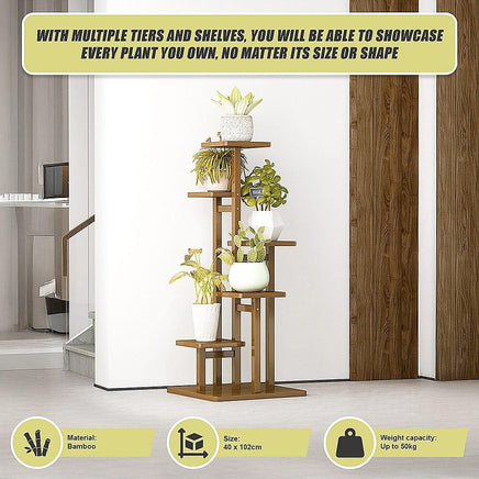 5 Tiers Vertical Bamboo Plant Stand Staged Flower Shelf Rack Outdoor Garden Furniture Kings Warehouse 