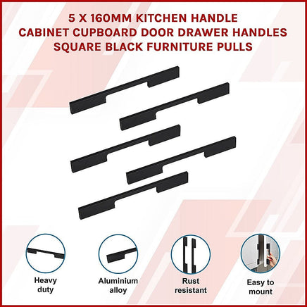 5 x 160mm Kitchen Handle Cabinet Cupboard Door Drawer Handles square Black furniture pulls Furniture Kings Warehouse 