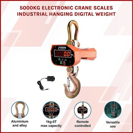 5000kg Electronic Crane Scales Industrial Hanging Digital Weight Tools Kings Warehouse 
