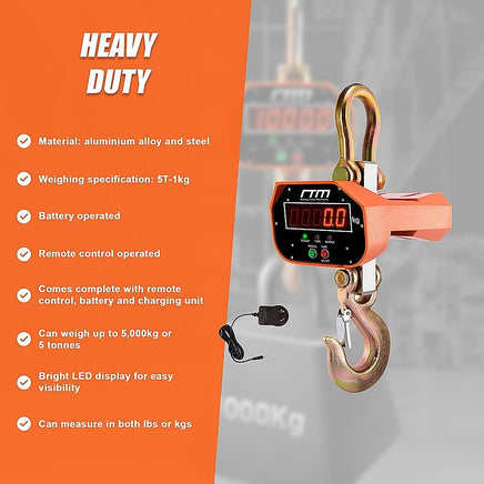 5000kg Electronic Crane Scales Industrial Hanging Digital Weight Tools Kings Warehouse 