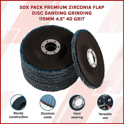 50x Pack Premium Zirconia Flap Disc Sanding Grinding 115mm 4.5" 40 Grit Tools Kings Warehouse 
