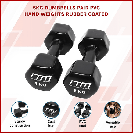 5kg Dumbbells Pair PVC Hand Weights Rubber Coated Sports & Fitness Kings Warehouse 