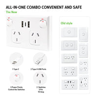 5PCS Double Power Point Dual USB+Type-C GPO Fast Charge 3.6 amp Wall Outlet Auto Accessories Kings Warehouse 