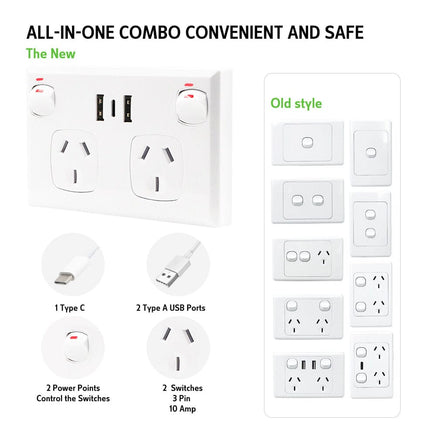 5PCS Double Power Point Dual USB+Type-C GPO Fast Charge 3.6 amp Wall Outlet Auto Accessories Kings Warehouse 