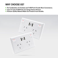 5PCS Double Power Point Dual USB+Type-C GPO Fast Charge 3.6 amp Wall Outlet Auto Accessories Kings Warehouse 