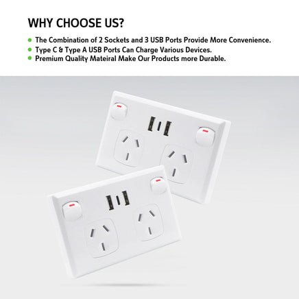 5PCS Double Power Point Dual USB+Type-C GPO Fast Charge 3.6 amp Wall Outlet Auto Accessories Kings Warehouse 