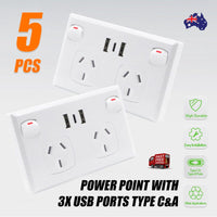 5PCS Double Power Point Dual USB+Type-C GPO Fast Charge 3.6 amp Wall Outlet Auto Accessories Kings Warehouse 