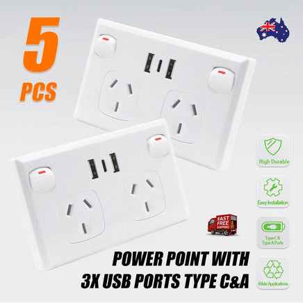 5PCS Double Power Point Dual USB+Type-C GPO Fast Charge 3.6 amp Wall Outlet Auto Accessories Kings Warehouse 