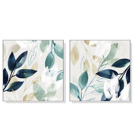 60cmx60cm Watercolour style leaves 2 Sets White Frame Canvas Wall Art Kings Warehouse