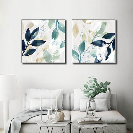 60cmx60cm Watercolour style leaves 2 Sets White Frame Canvas Wall Art Kings Warehouse 