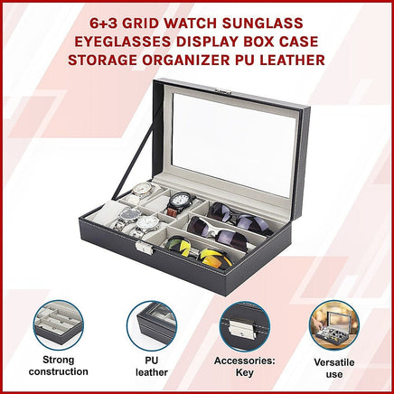 6+3 Grid Watch Sunglass Eyeglasses Display Box Case Storage Organizer PU Leather Home & Garden Kings Warehouse 