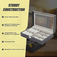 6+3 Grid Watch Sunglass Eyeglasses Display Box Case Storage Organizer PU Leather Home & Garden Kings Warehouse 