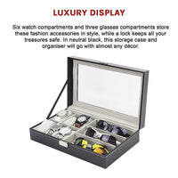6+3 Grid Watch Sunglass Eyeglasses Display Box Case Storage Organizer PU Leather Kings Warehouse 