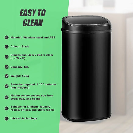 68L Motion Sensor Bin Automatic Stainless Steel Kitchen Rubbish Trash - Black Home & Garden Kings Warehouse 