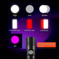 7 Modes Waterproof Rechargeable UV Light Flashlight Torch for Camping Kings Warehouse 