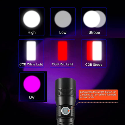 7 Modes Waterproof Rechargeable UV Light Flashlight Torch for Camping Kings Warehouse 