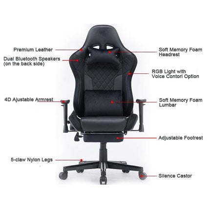 7 RGB Lights Bluetooth Speaker Gaming Chair Ergonomic Racing chair 165° Reclining Gaming Seat 4D Armrest Footrest Black Furniture Kings Warehouse 