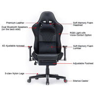 7 RGB Lights Bluetooth Speaker Gaming Chair Ergonomic Racing chair 165° Reclining Gaming Seat 4D Armrest Footrest Black Red Furniture Kings Warehouse 