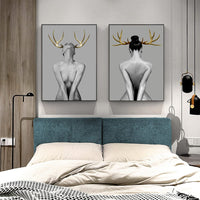 70cmx100cm Girl With Gold Horn 2 Sets Black Frame Canvas Wall Art Kings Warehouse 