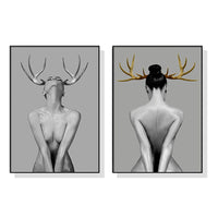 70cmx100cm Girl With Gold Horn 2 Sets Black Frame Canvas Wall Art Kings Warehouse 