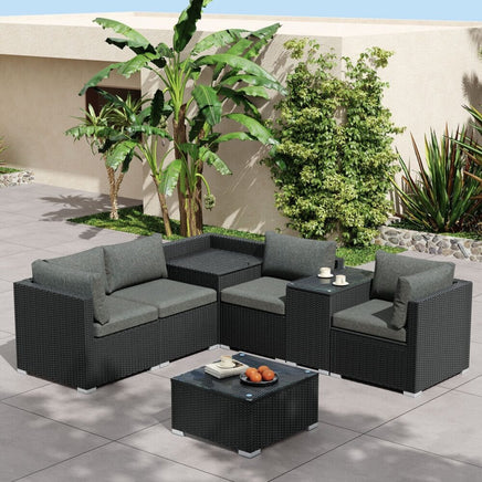7PC Outdoor Wicker Loveseat Setting with Storage Corner (Black) Furniture Kings Warehouse 